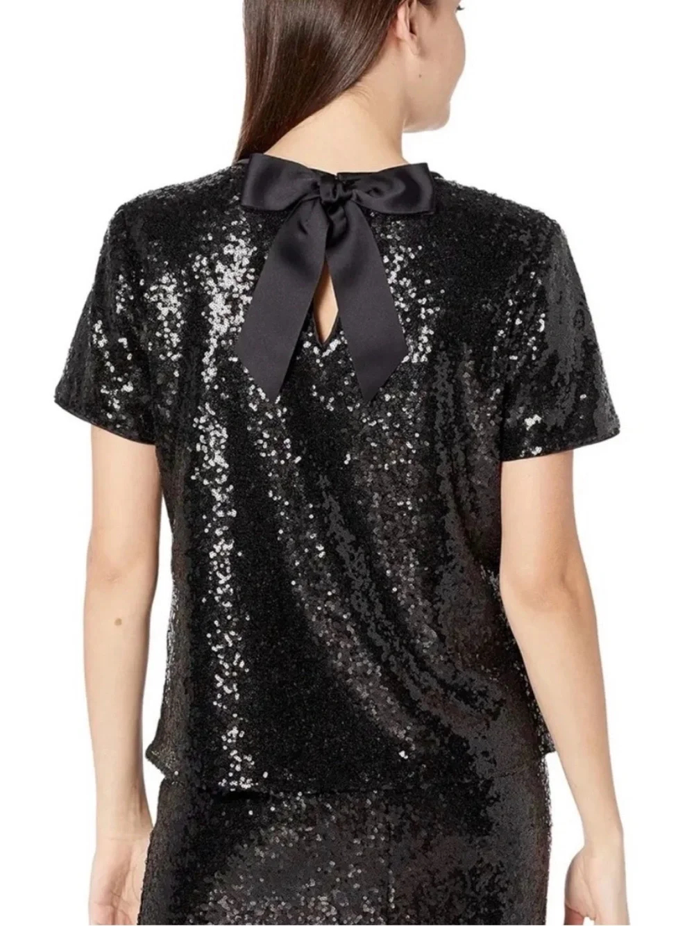kate spade Black Sequined Short Sleeve Top with Crew Neck